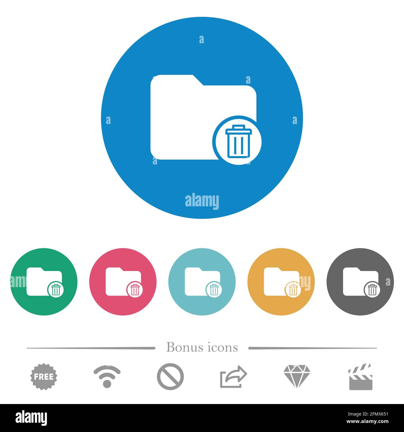 Delete directory flat white icons on round color backgrounds. 6 bonus ...