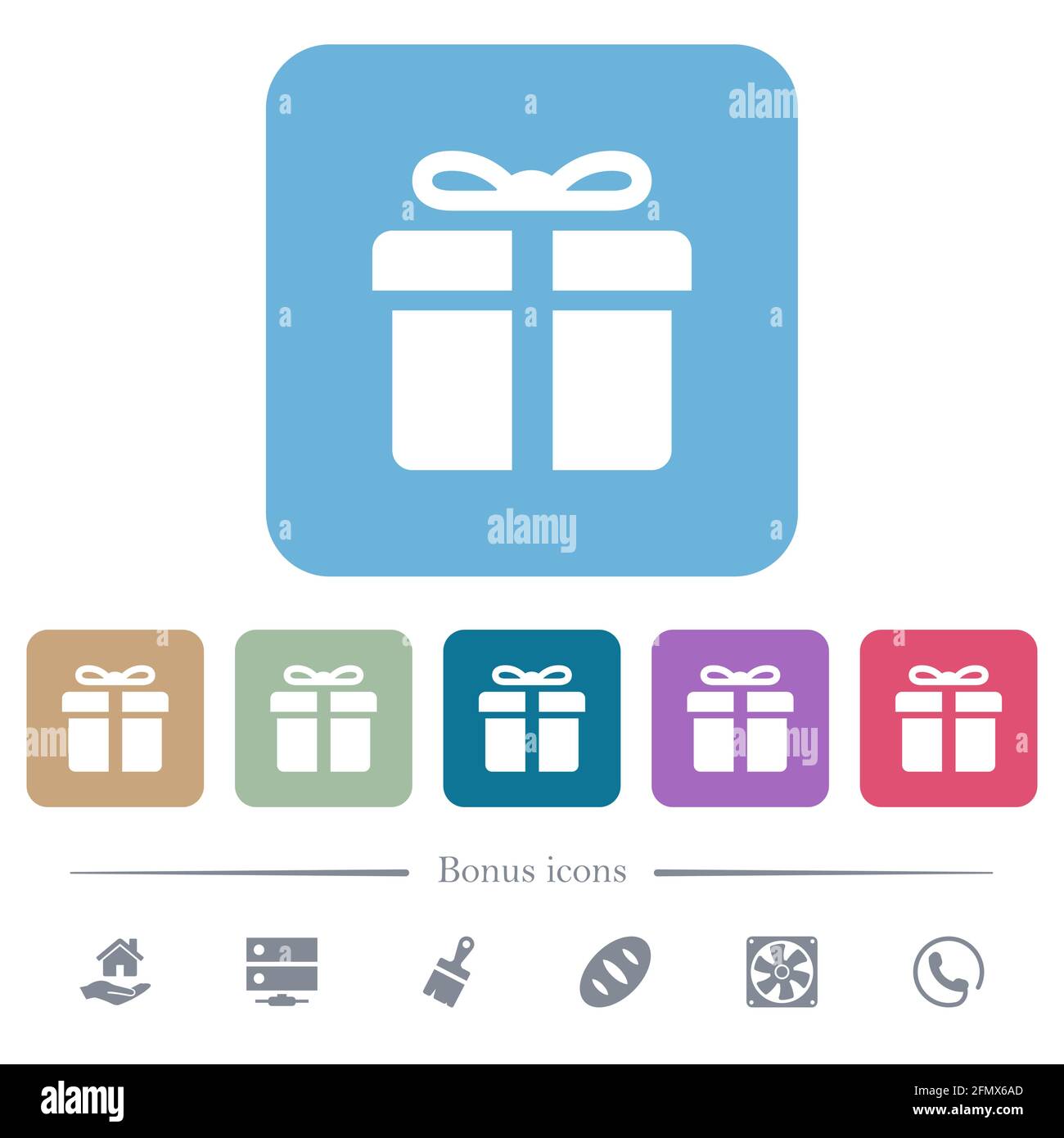 Gift box white flat icons on color rounded square backgrounds. 6 bonus ...