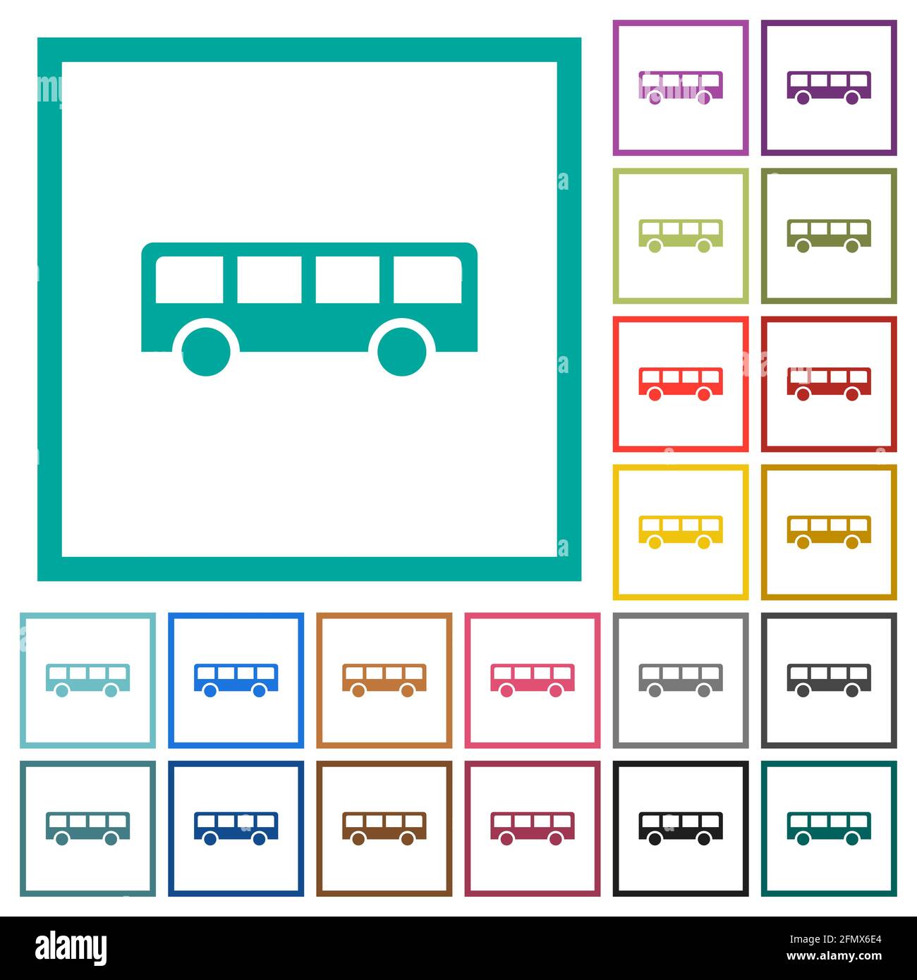 Bus flat color icons with quadrant frames on white background Stock Vector
