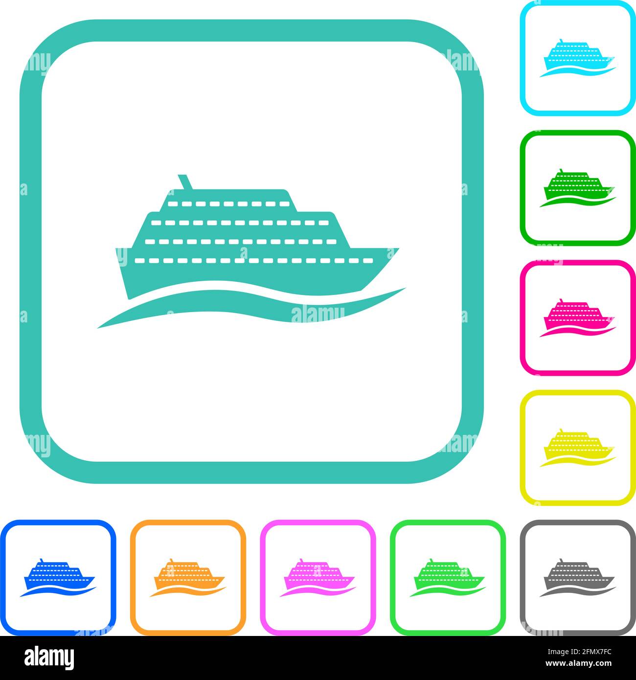 Cruise ship with wave vivid colored flat icons in curved borders on ...
