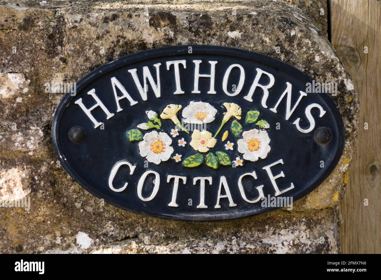 Hawthorns cottage plaque, Gloucestershire, UK Stock Photo