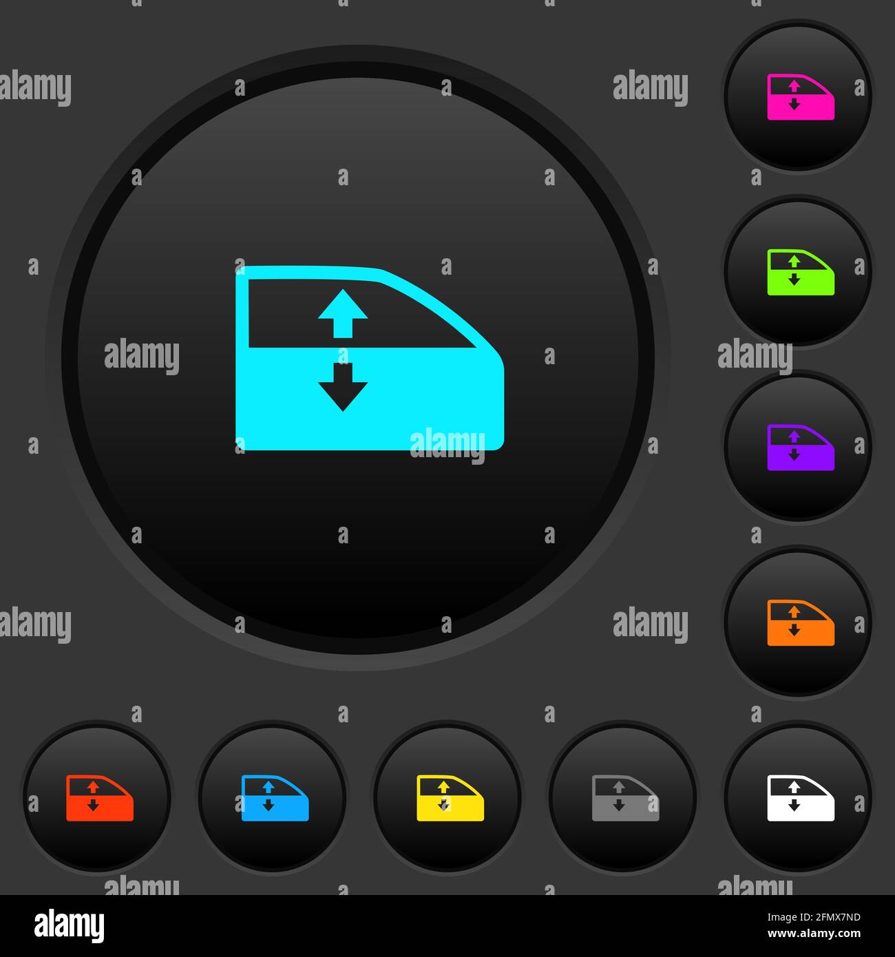 Car electric window winder dark push buttons with vivid color icons on dark grey background Stock Vector