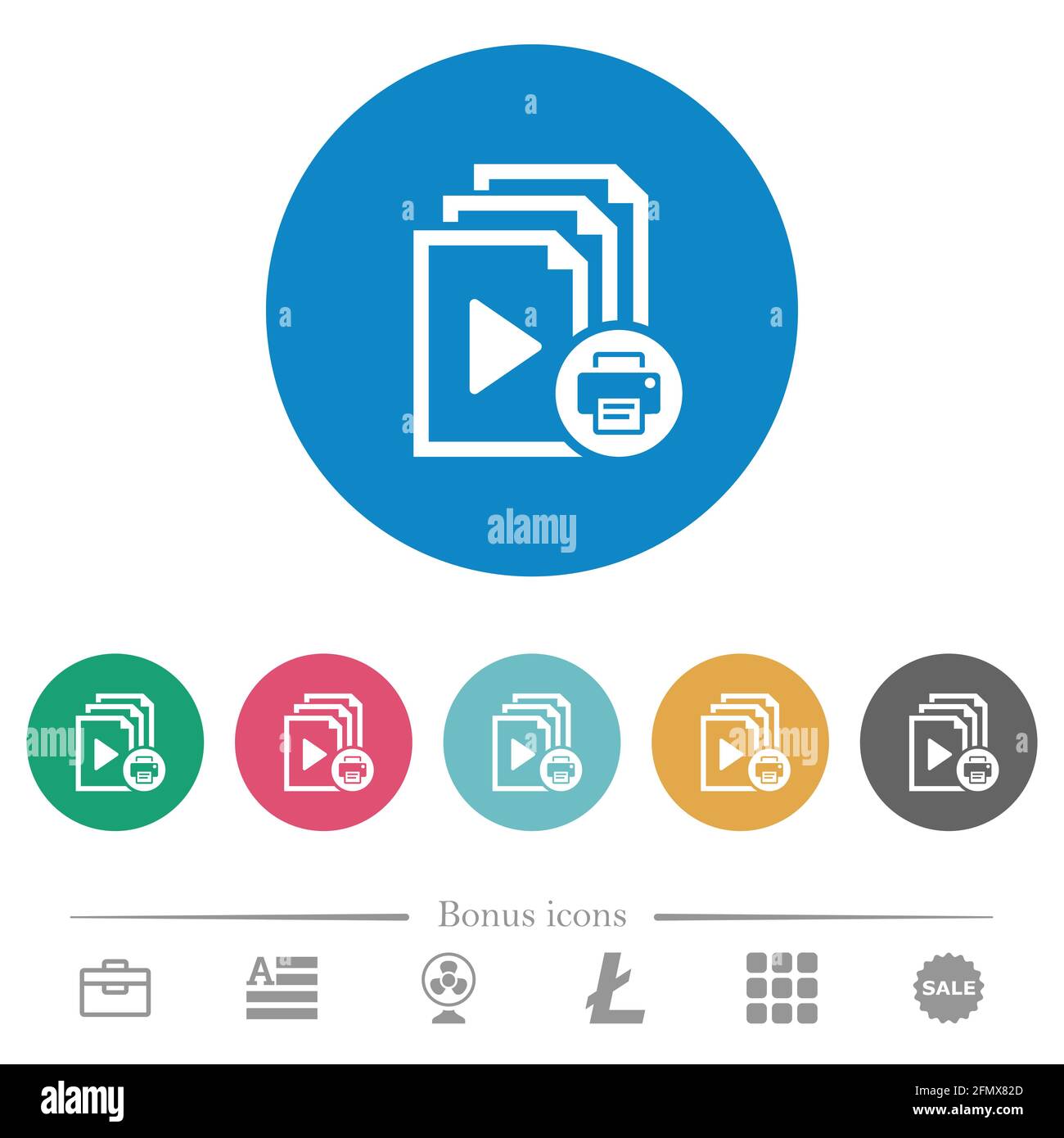 Print playlist flat white icons on round color backgrounds. 6 bonus ...