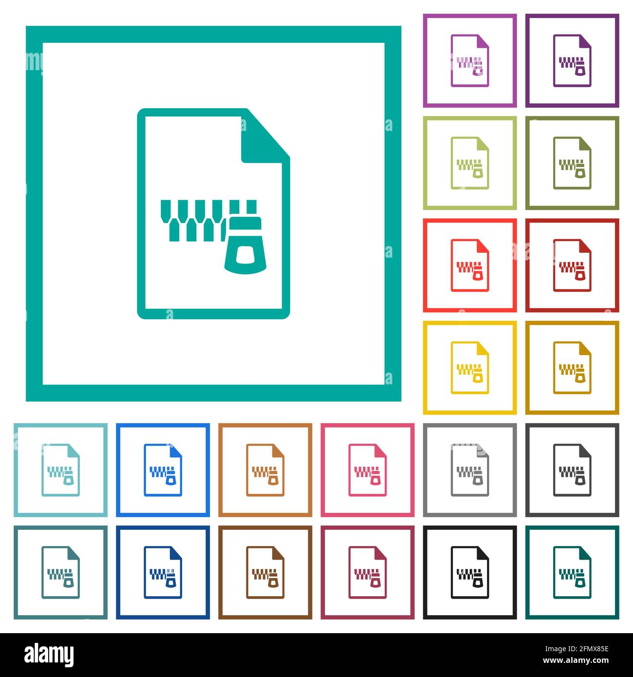 Zipped document flat color icons with quadrant frames on white ...