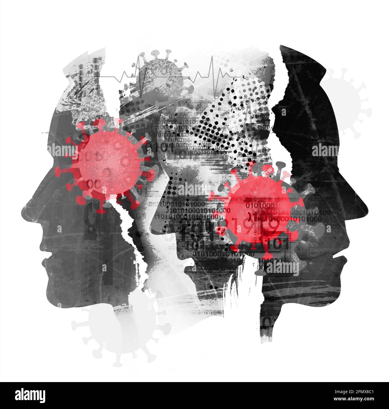 Coronavirus, human tragedy, traumatized sick people. Stylized male heads, composition of silhouettes shown in profile. Expressive Illustration. Stock Photo