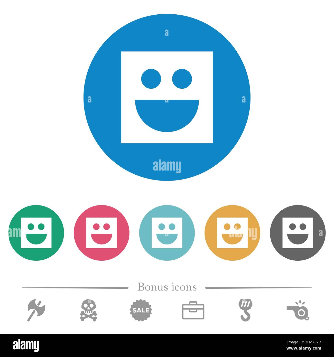 Smiley flat white icons on round color backgrounds. 6 bonus icons ...