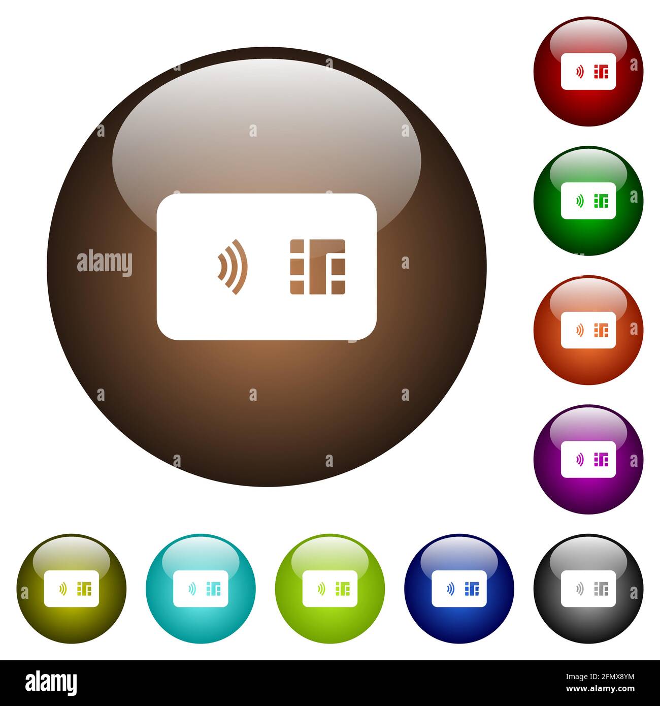 NFC chip card white icons on round glass buttons in multiple colors ...