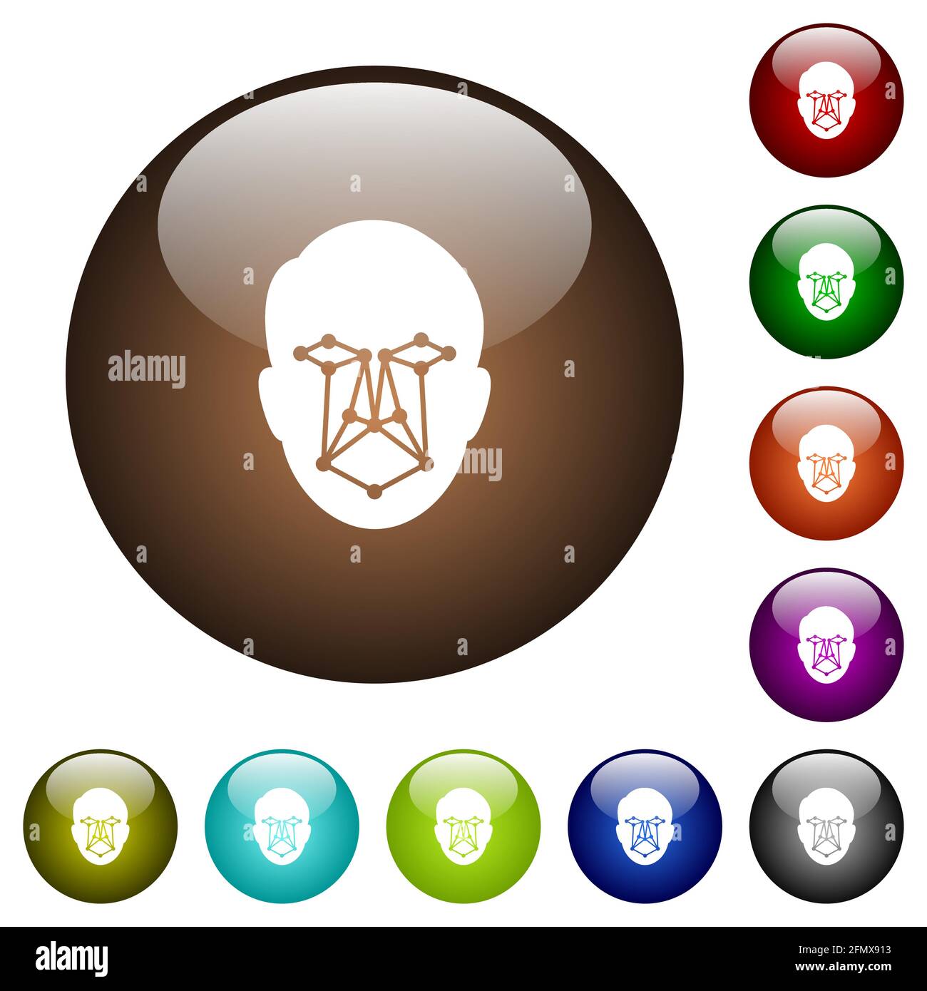 Face recognition white icons on round glass buttons in multiple colors ...