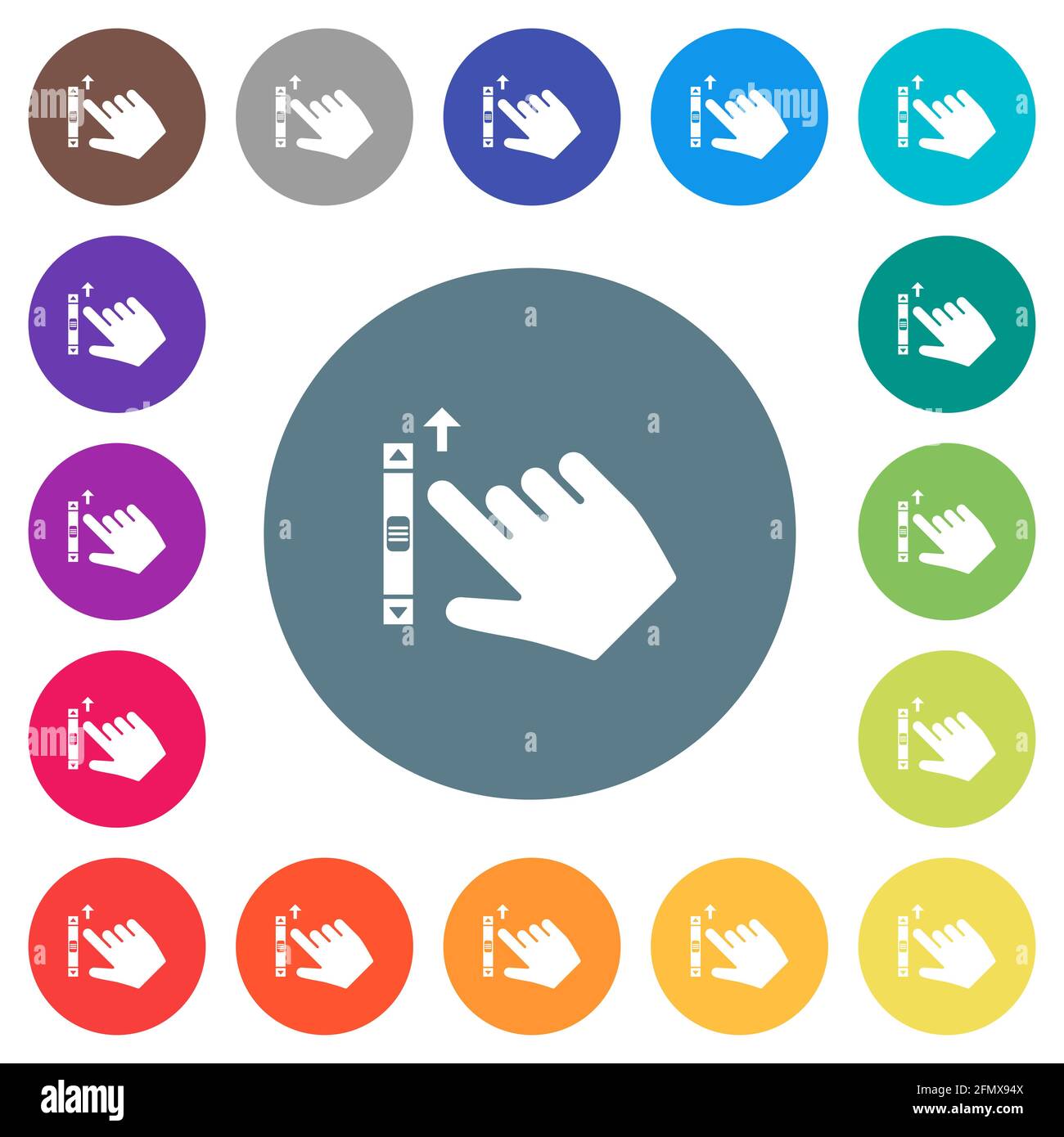 Right handed scroll up gesture flat white icons on round color ...