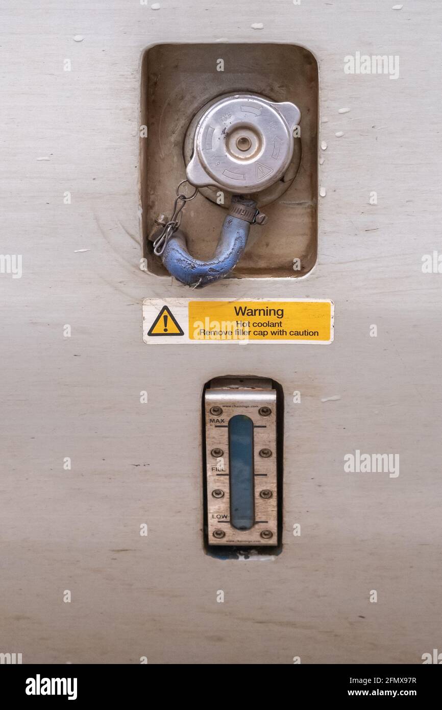 Coolant filler and level gauge on Diesel Multiple unit Stock Photo Alamy