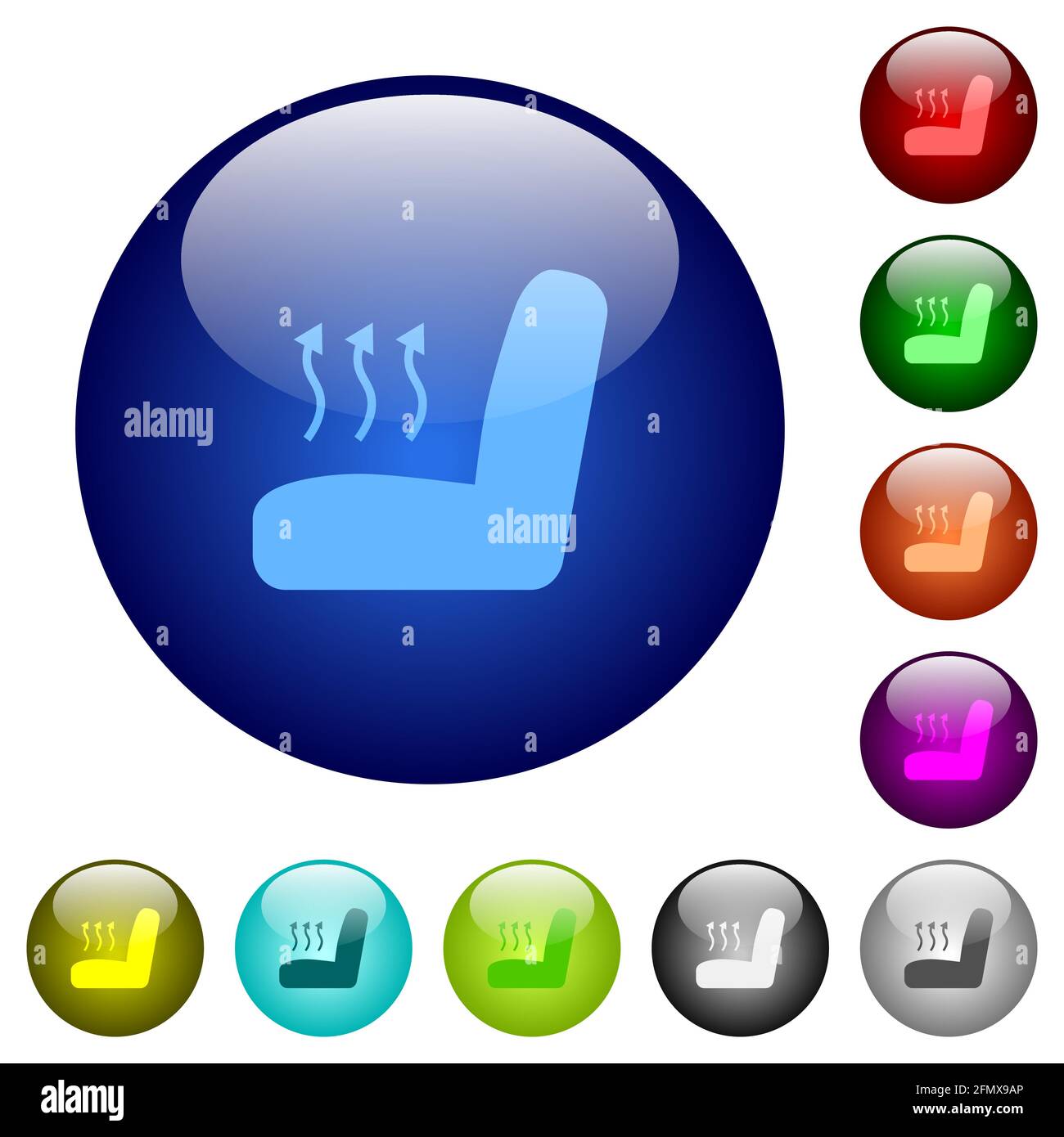 Car seat heating icons on round glass buttons in multiple colors
