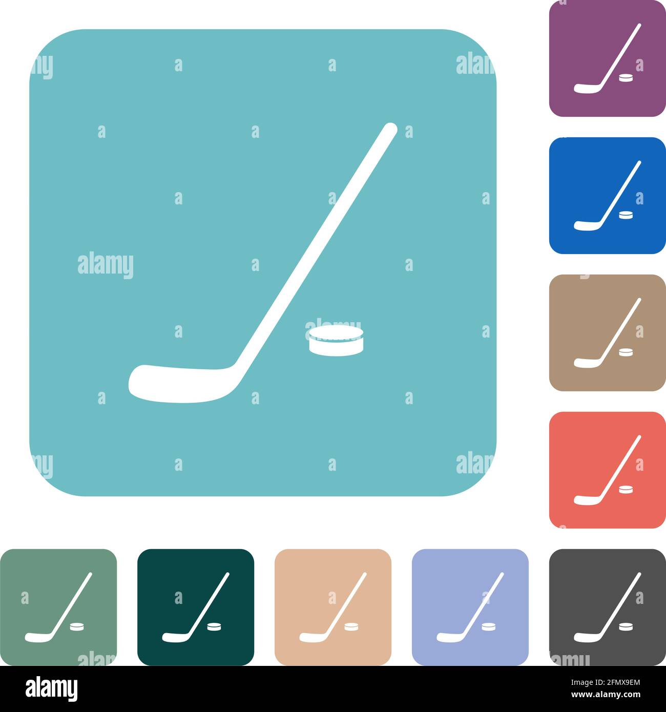 Hockey stick and puck white flat icons on color rounded square ...