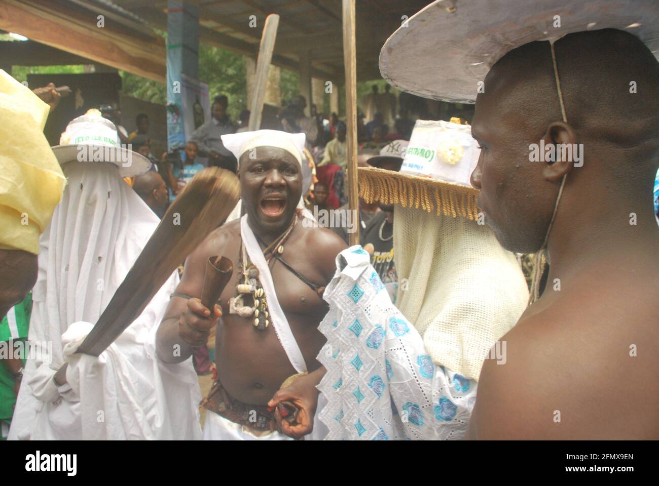 Osun Osogbo: Eyo Masquerade and Masqueraders display during Osun Osogbo Festival. Stock Photo
