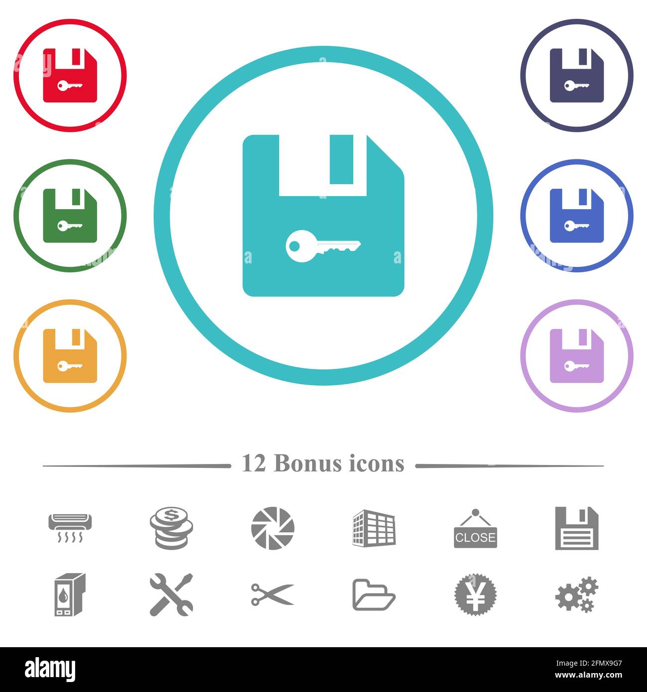Encrypt file flat color icons in circle shape outlines. 12 bonus icons ...