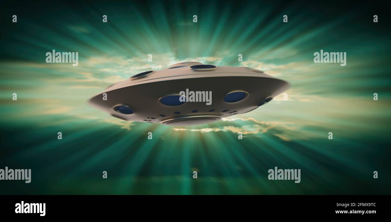 Science Fiction, UFO allien concept. Unidentified Flying Object isolated on green sky background, Extraterrestrial spaceship with beams of light, myst Stock Photo