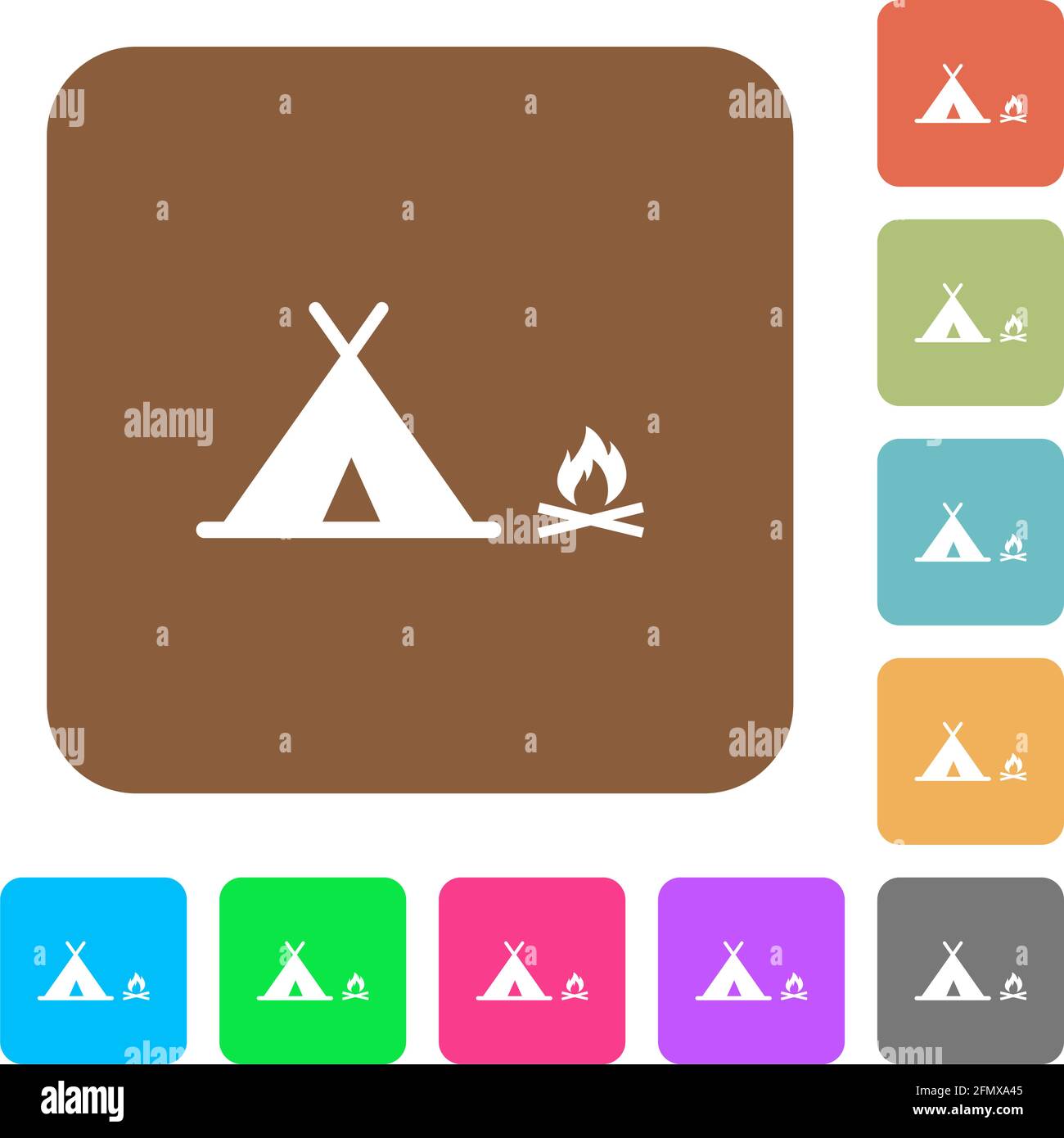 Camping flat icons on rounded square vivid color backgrounds Stock ...