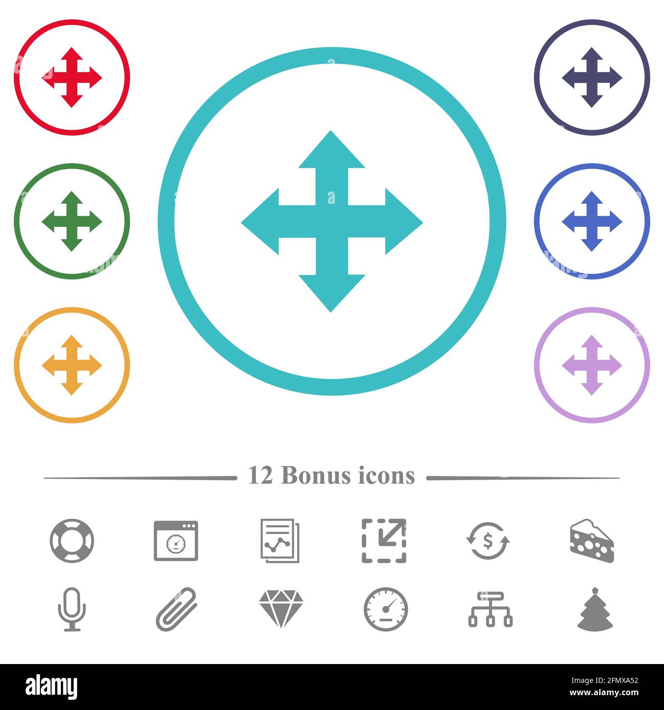 Move tool flat color icons in circle shape outlines. 12 bonus icons ...