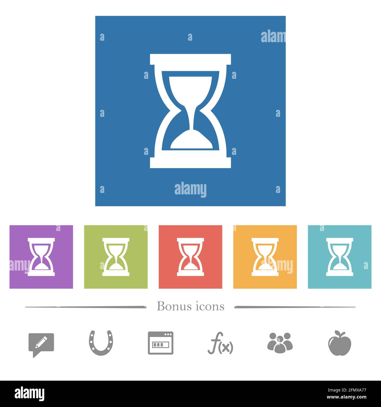 Hourglass flat white icons in square backgrounds. 6 bonus icons ...