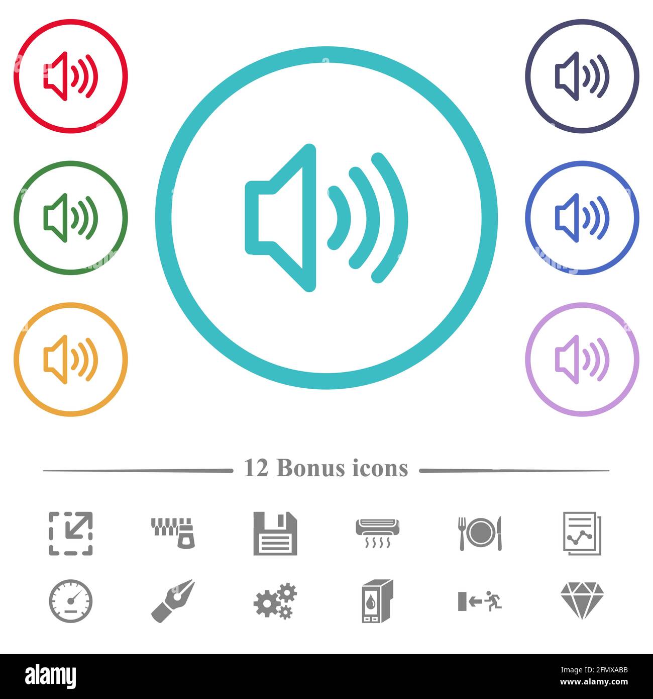 Volume flat color icons in circle shape outlines. 12 bonus icons ...