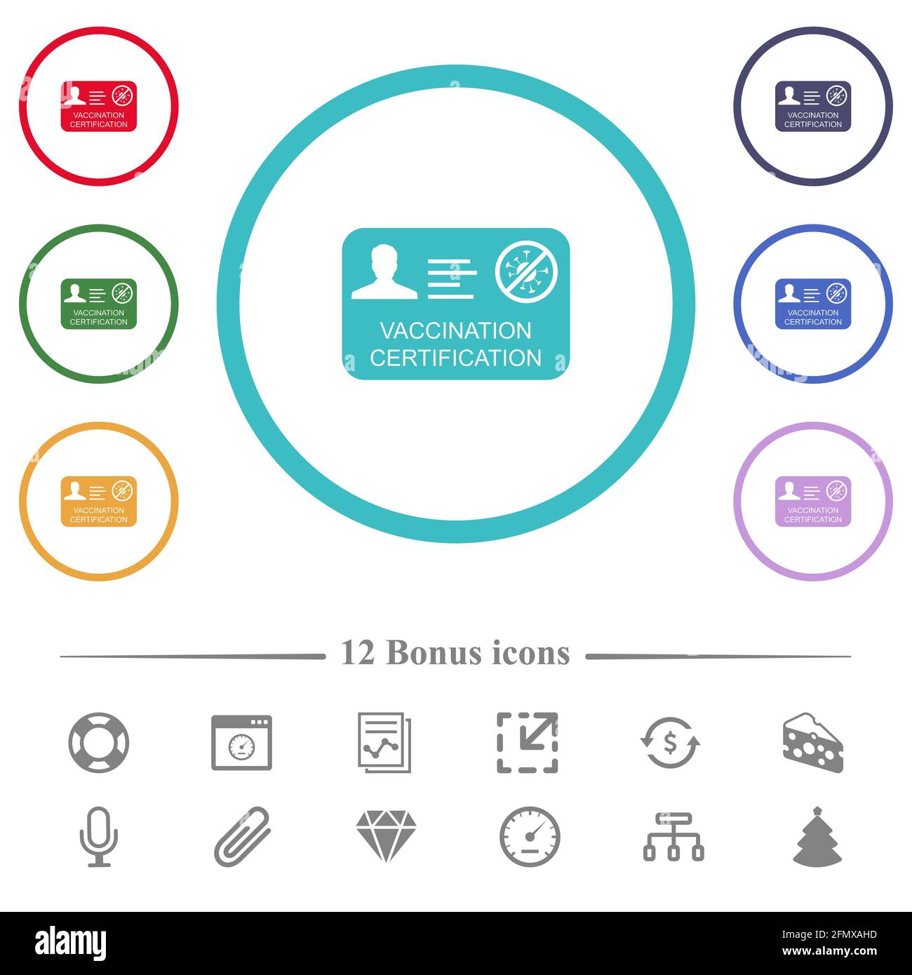 Vaccination certification flat color icons in circle shape outlines. 12 ...
