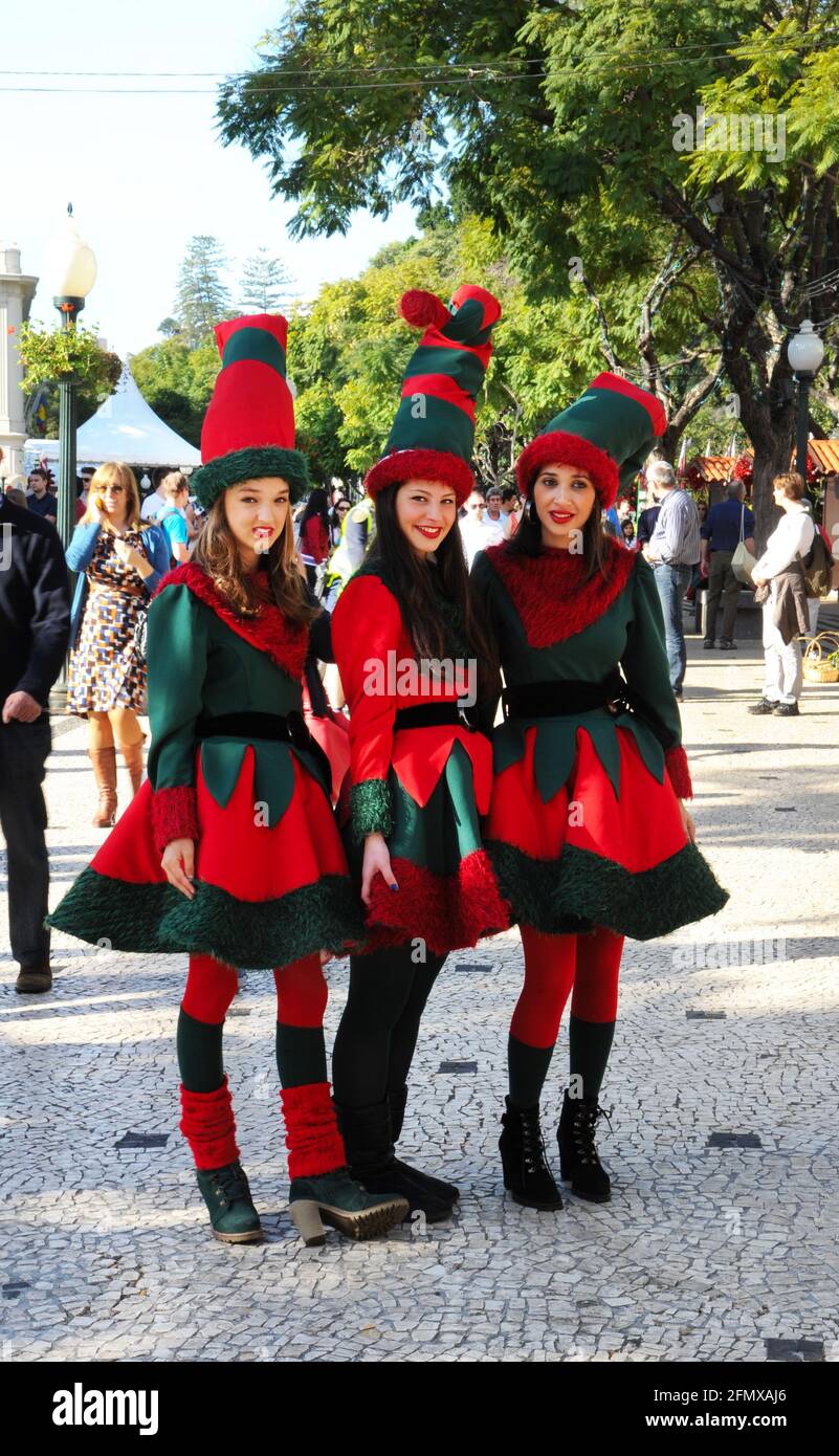 Girls Wearing Christmas Costume at Street Market, Funchal, Madeira ...