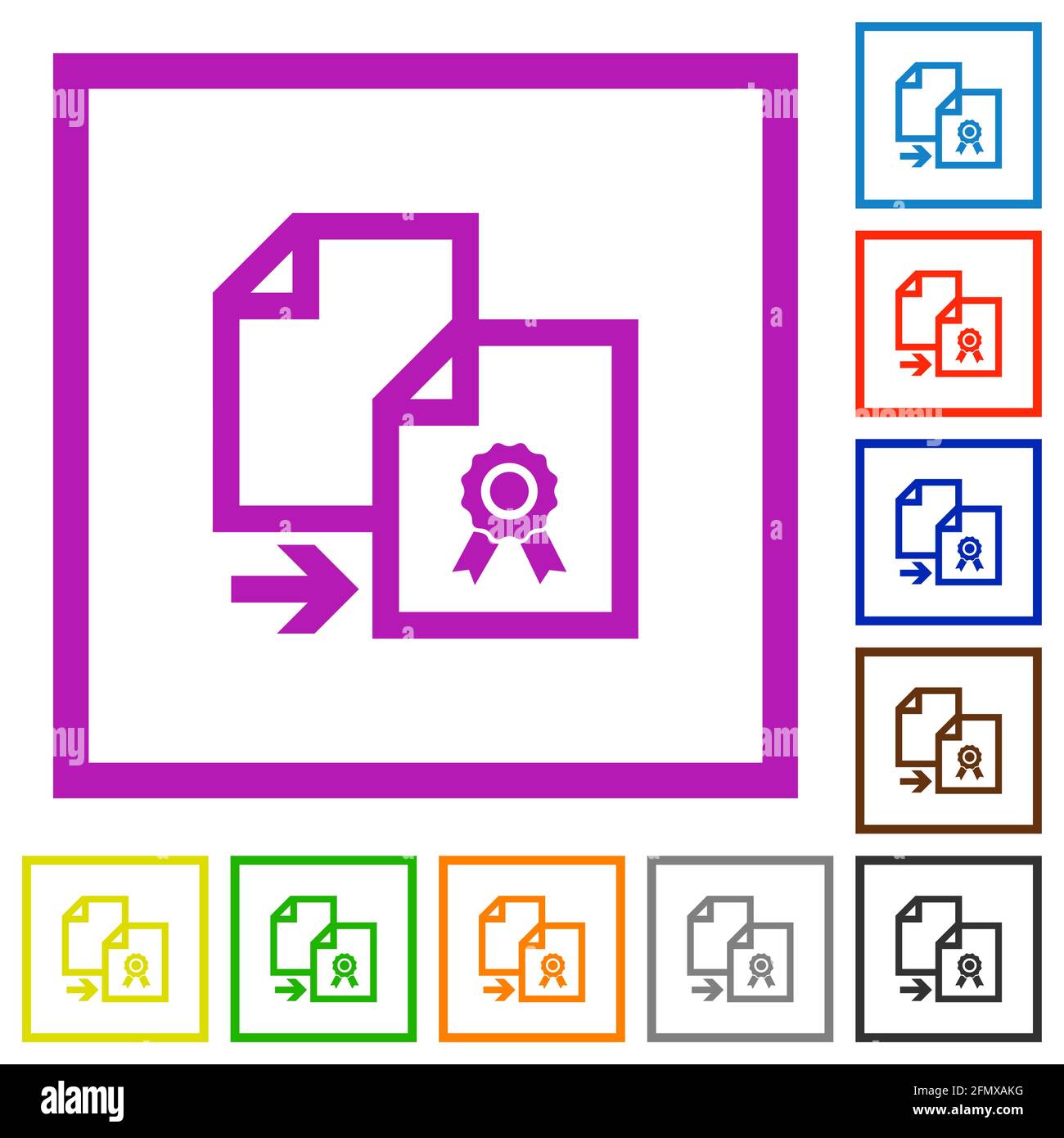 Copy certificate flat color icons in square frames on white background ...