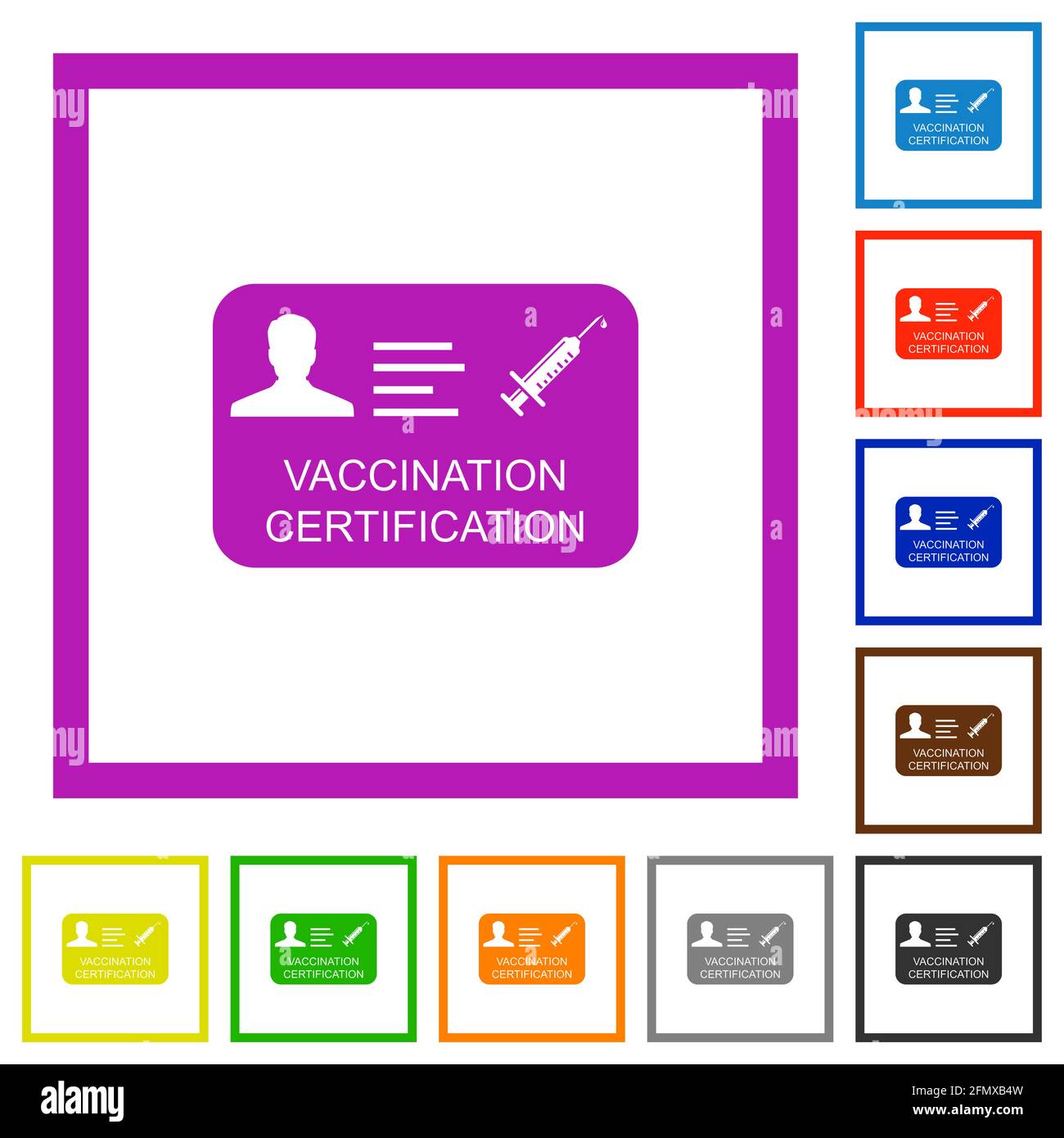 Vaccination certification flat color icons in square frames on white ...