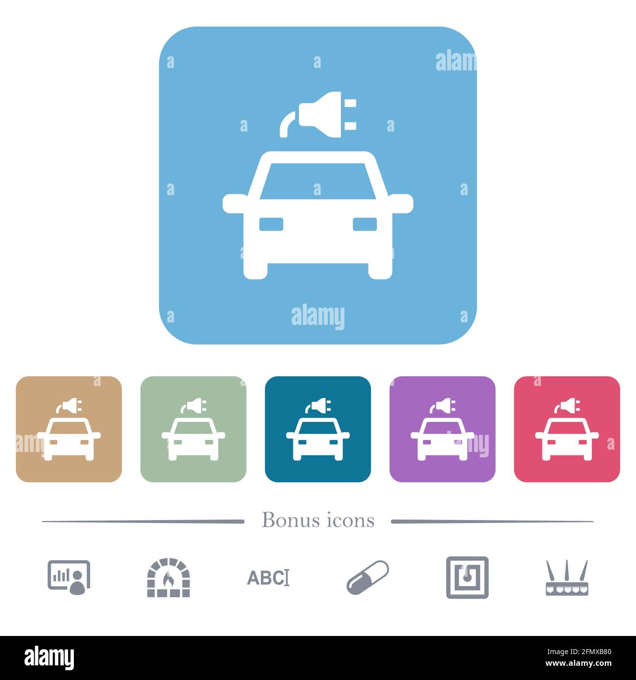 Electric car with connector white flat icons on color rounded square ...