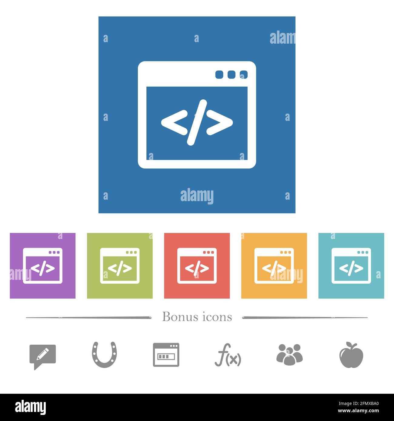 Programming code in software window flat white icons in square ...