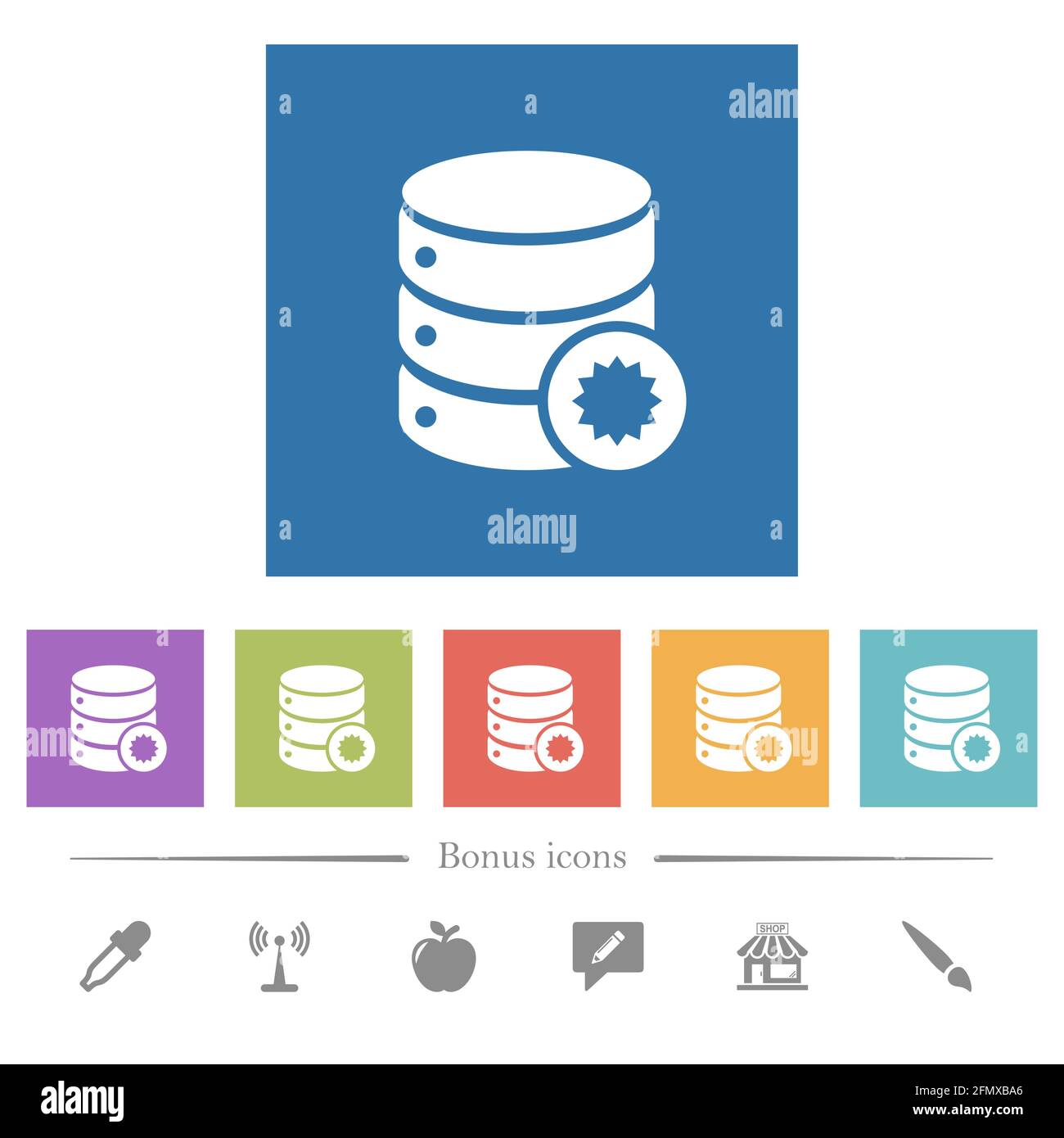 Certified database flat white icons in square backgrounds. 6 bonus ...
