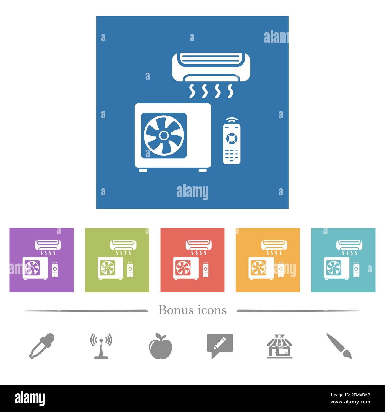 Air conditioning system flat white icons in square backgrounds. 6 bonus ...
