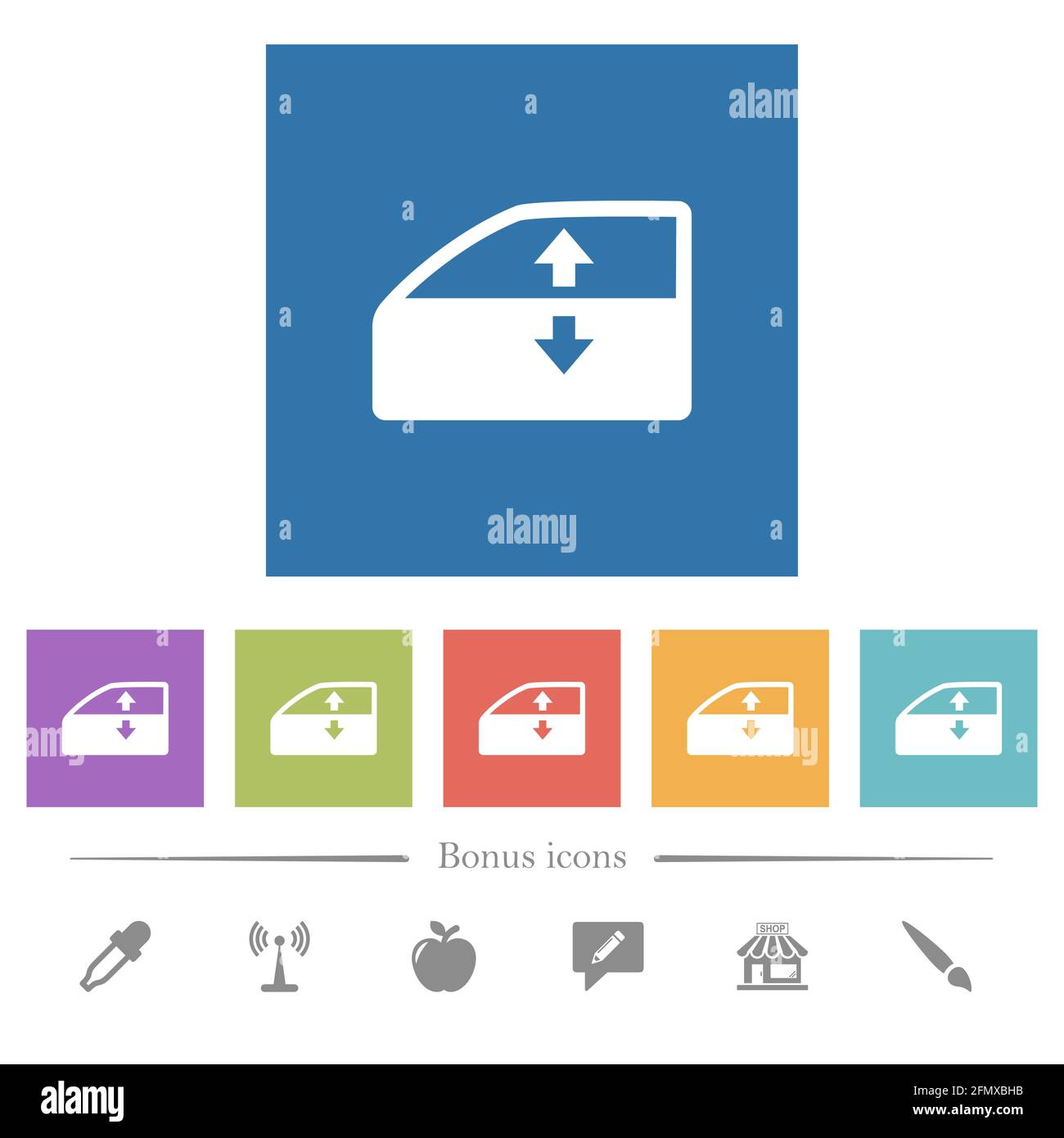 Car electric window winder flat white icons in square backgrounds. 6 bonus icons included. Stock Vector