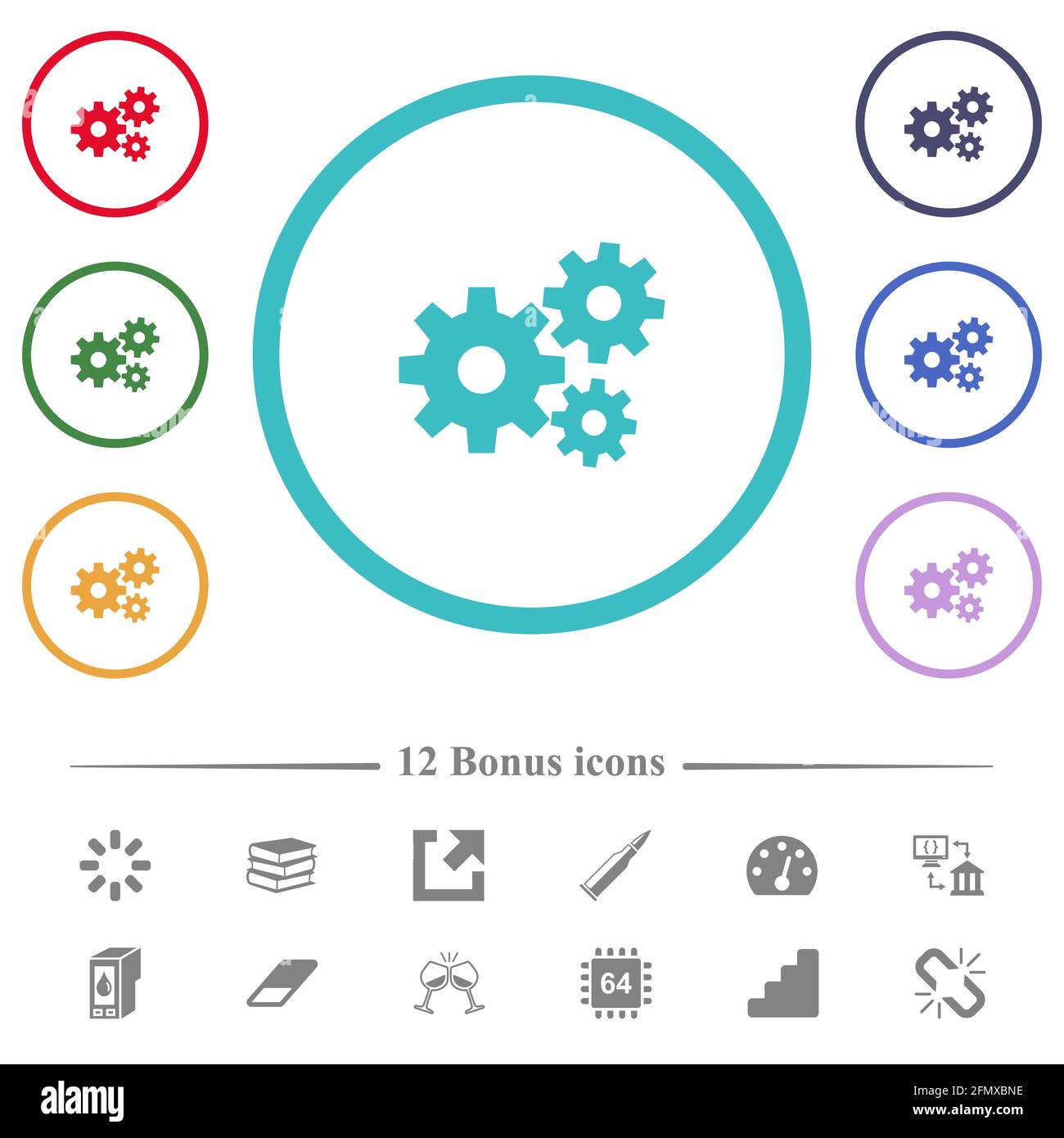 Gears flat color icons in circle shape outlines. 12 bonus icons ...