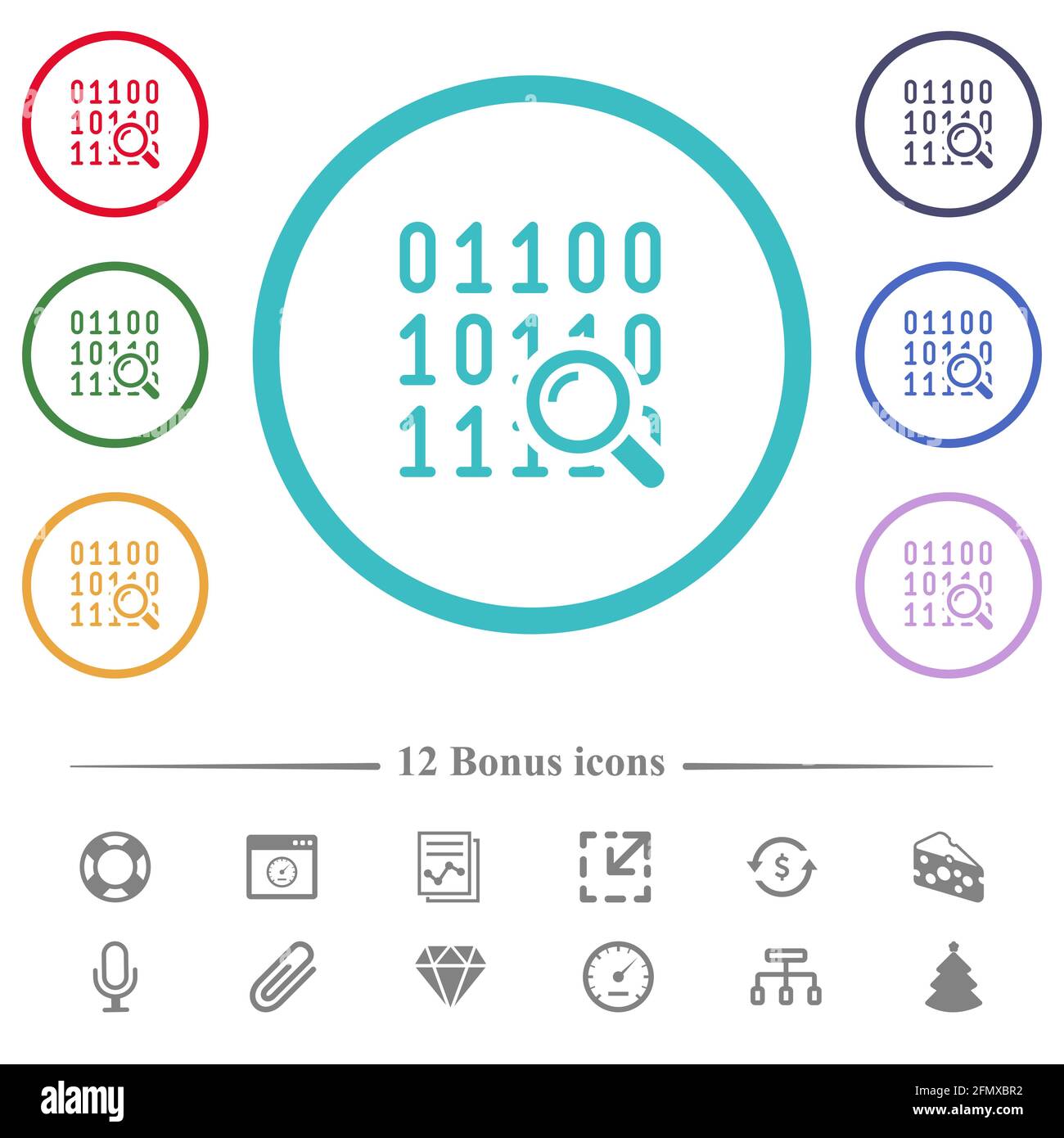 Code analysis flat color icons in circle shape outlines. 12 bonus icons included. Stock Vector