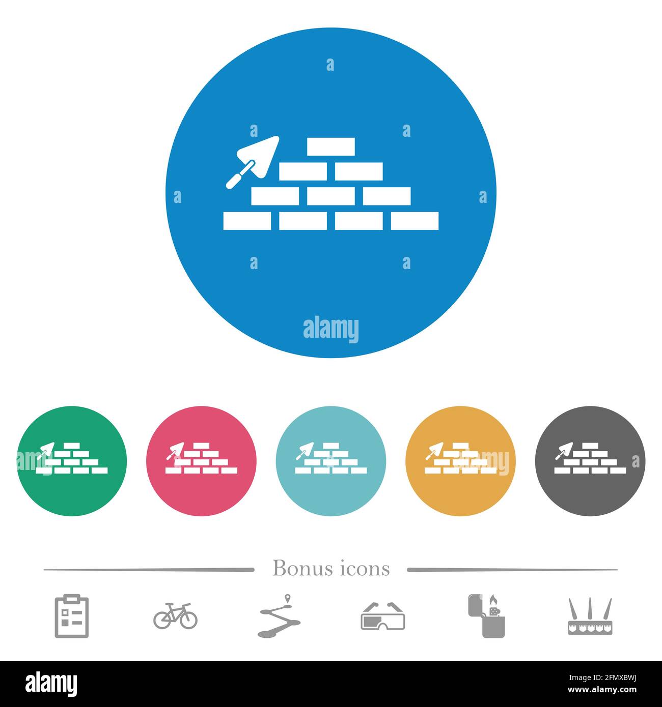 Brick wall and trowel flat white icons on round color backgrounds. 6 ...