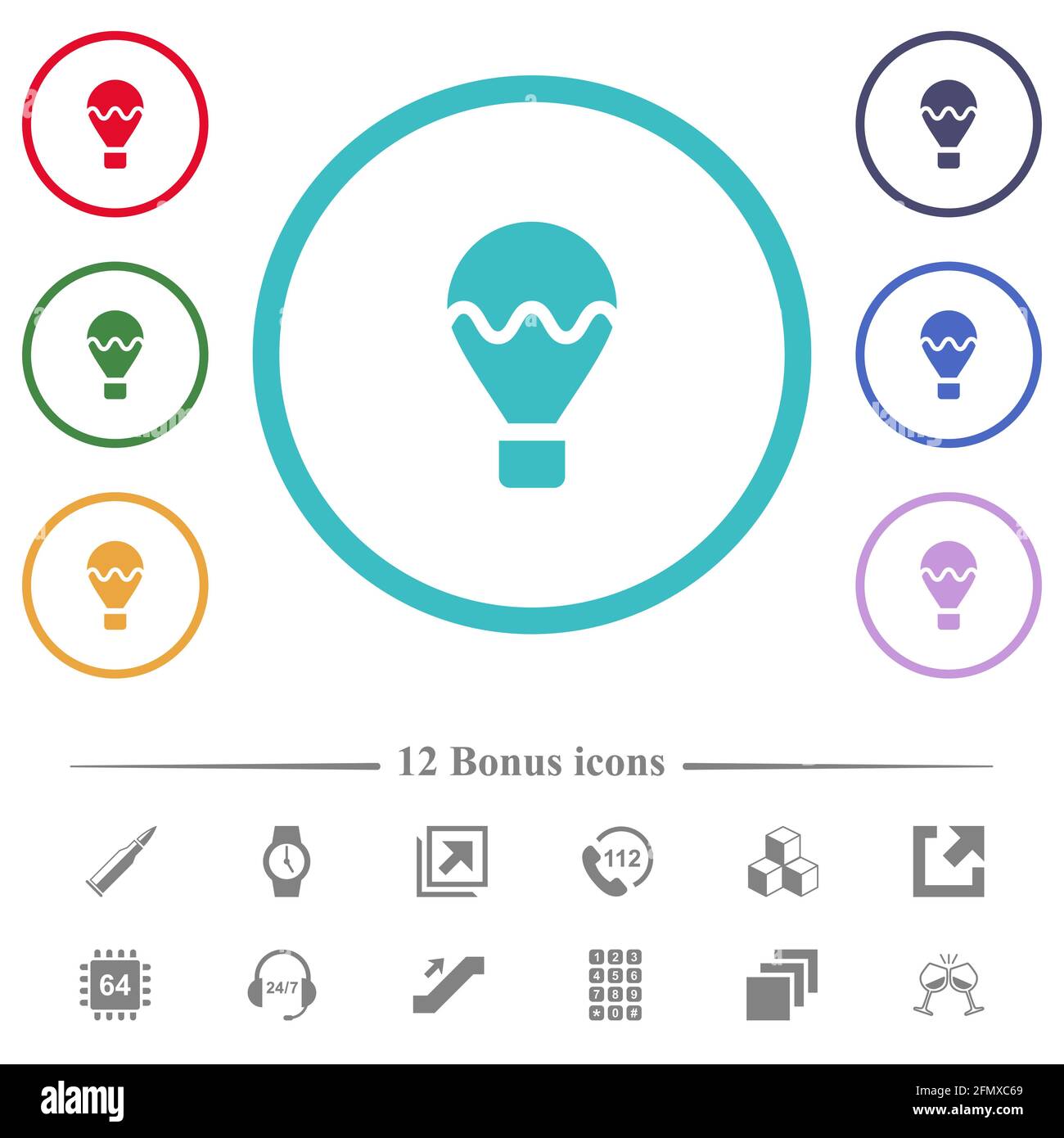 Air balloon flat color icons in circle shape outlines. 12 bonus icons ...