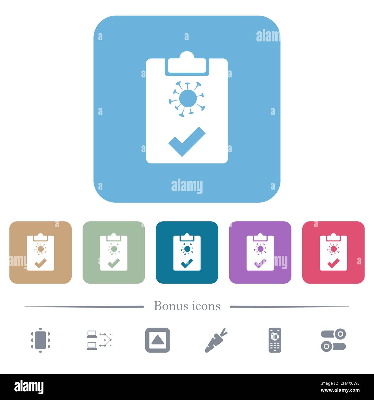 Covid test passed white flat icons on color rounded square backgrounds. 6 bonus icons included Stock Vector