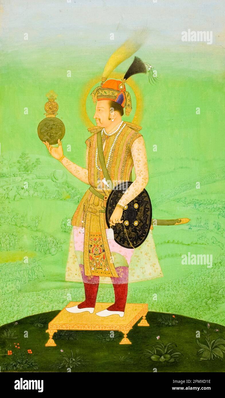 Emperor Jahangir (1569-1627), 4th Mughal Emperor, holding an orb, portrait painting by Mughal School, 1795-1805 Stock Photo