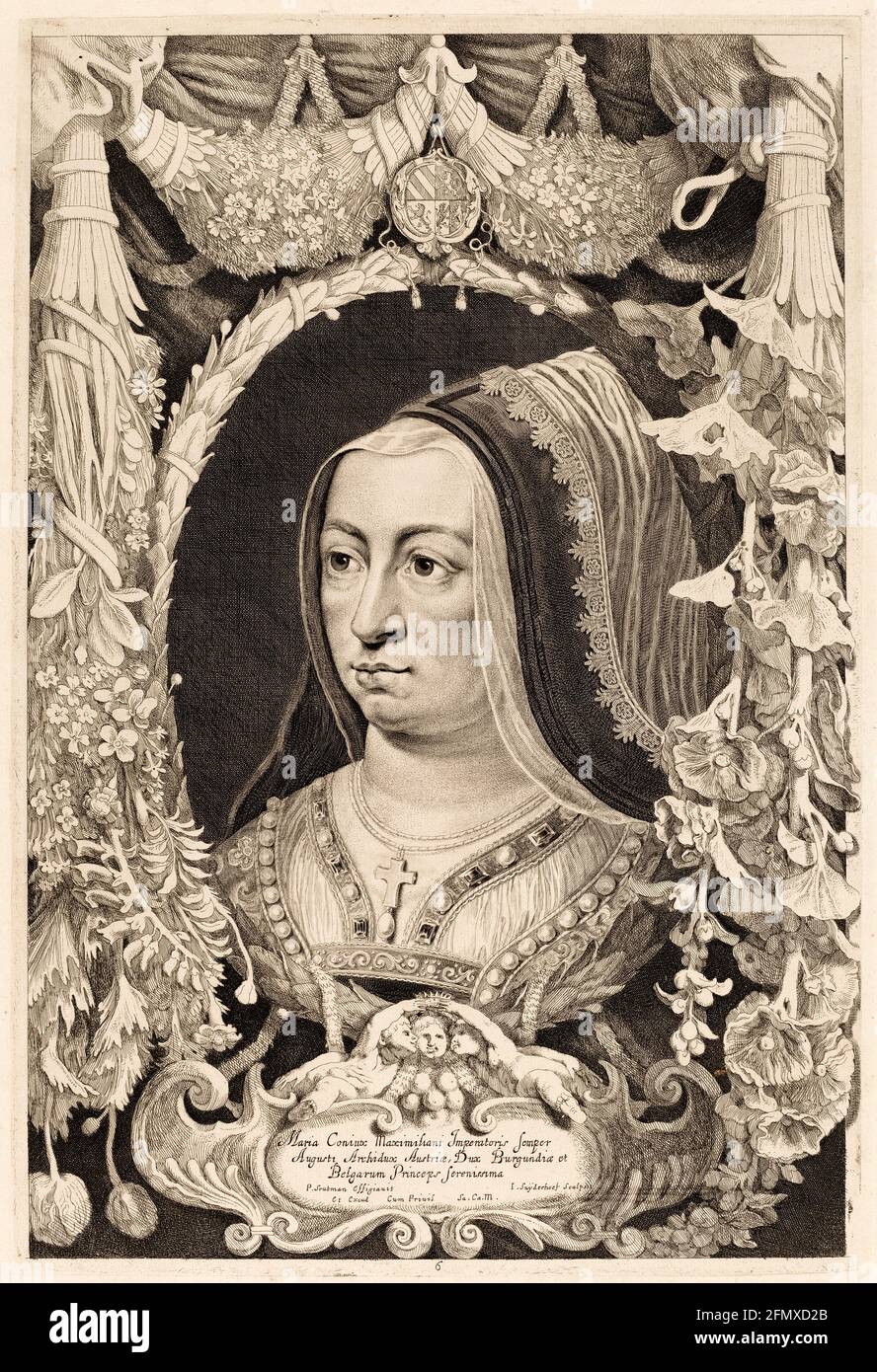 Mary (1457-1482), titular Duchess of Burgundy, 1477-1482, wife of Maximilian I (m. 1477) Holy Roman Emperor (1508-1519), portrait engraving by Jonas Suyderhoff after Pieter Claesz Soutman, before 1686 Stock Photo