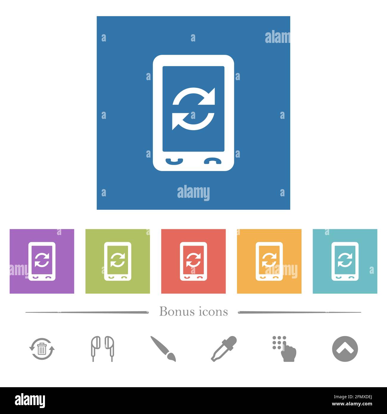 Mobile syncronize flat white icons in square backgrounds. 6 bonus icons ...