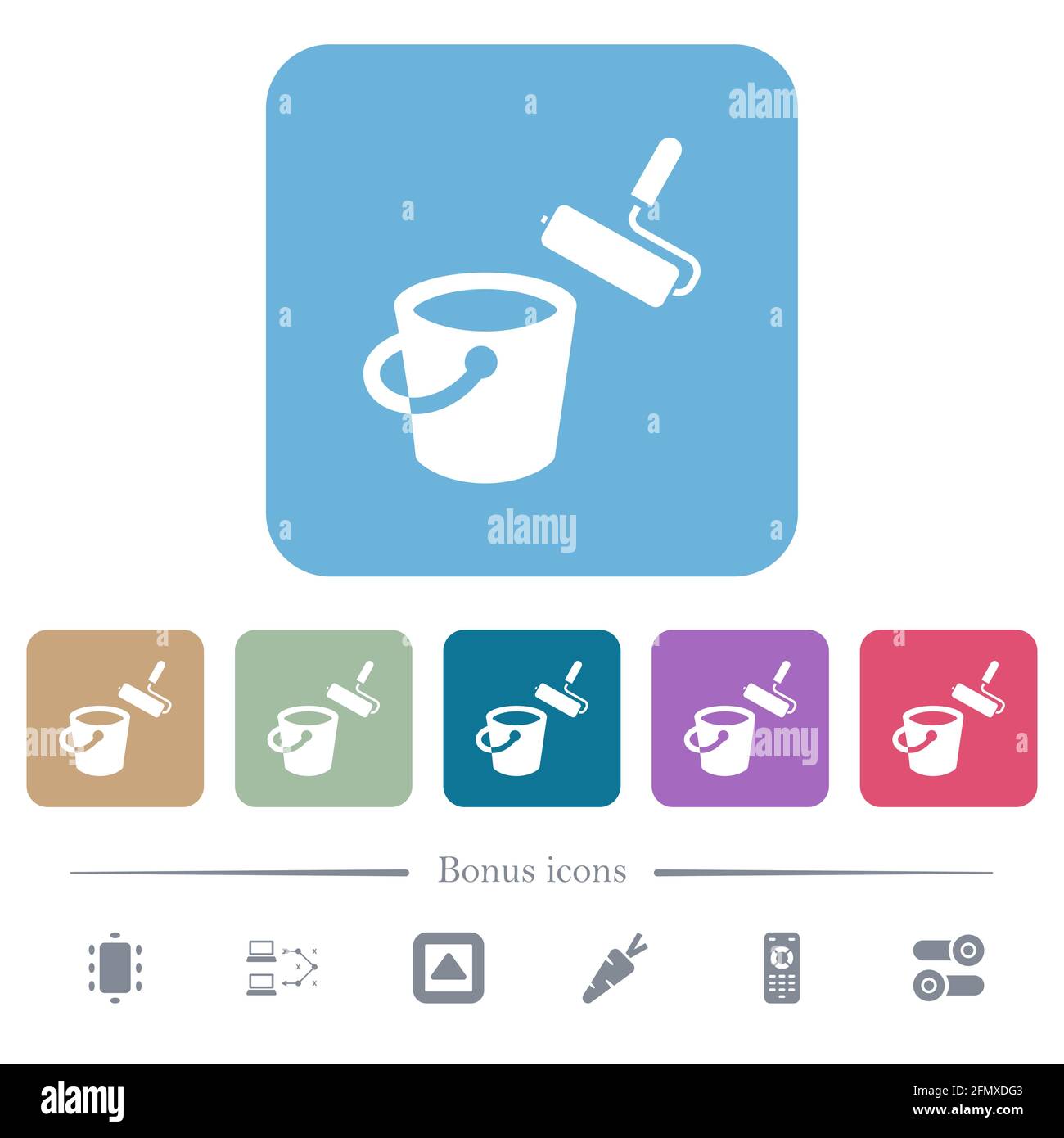 Paint bucket and paint roller white flat icons on color rounded square ...