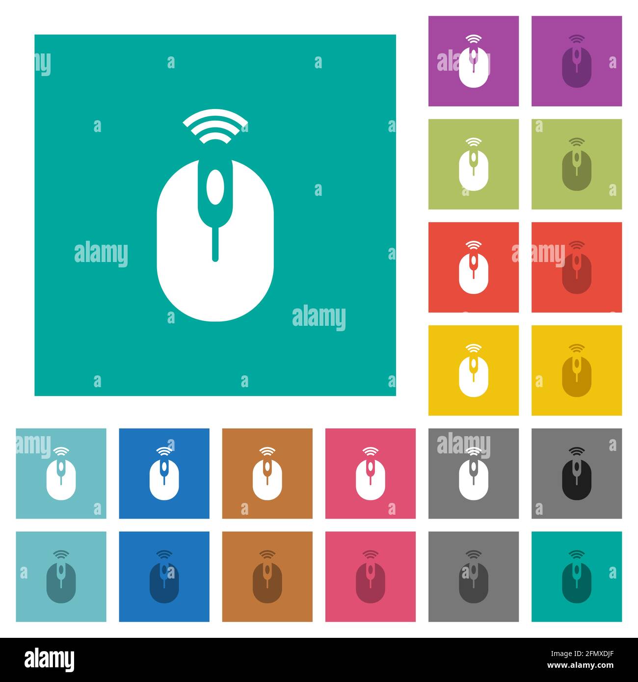 Wireless computer mouse multi colored flat icons on plain square backgrounds. Included white and darker icon variations for hover or active effects. Stock Vector