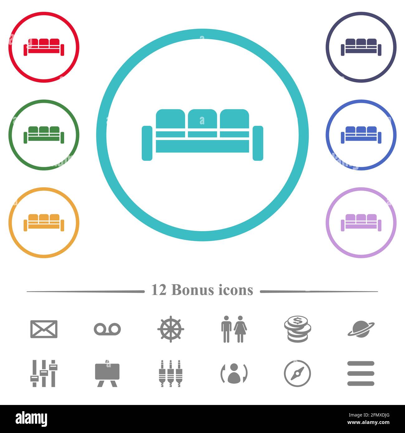 Sofa flat color icons in circle shape outlines. 12 bonus icons included ...