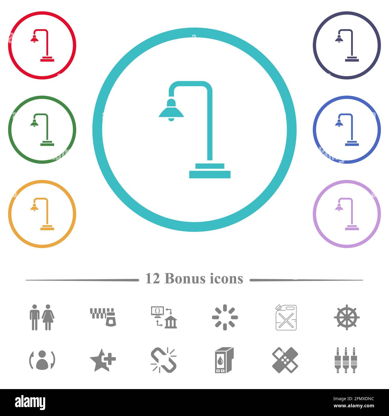 Street lamp flat color icons in circle shape outlines. 12 bonus icons ...