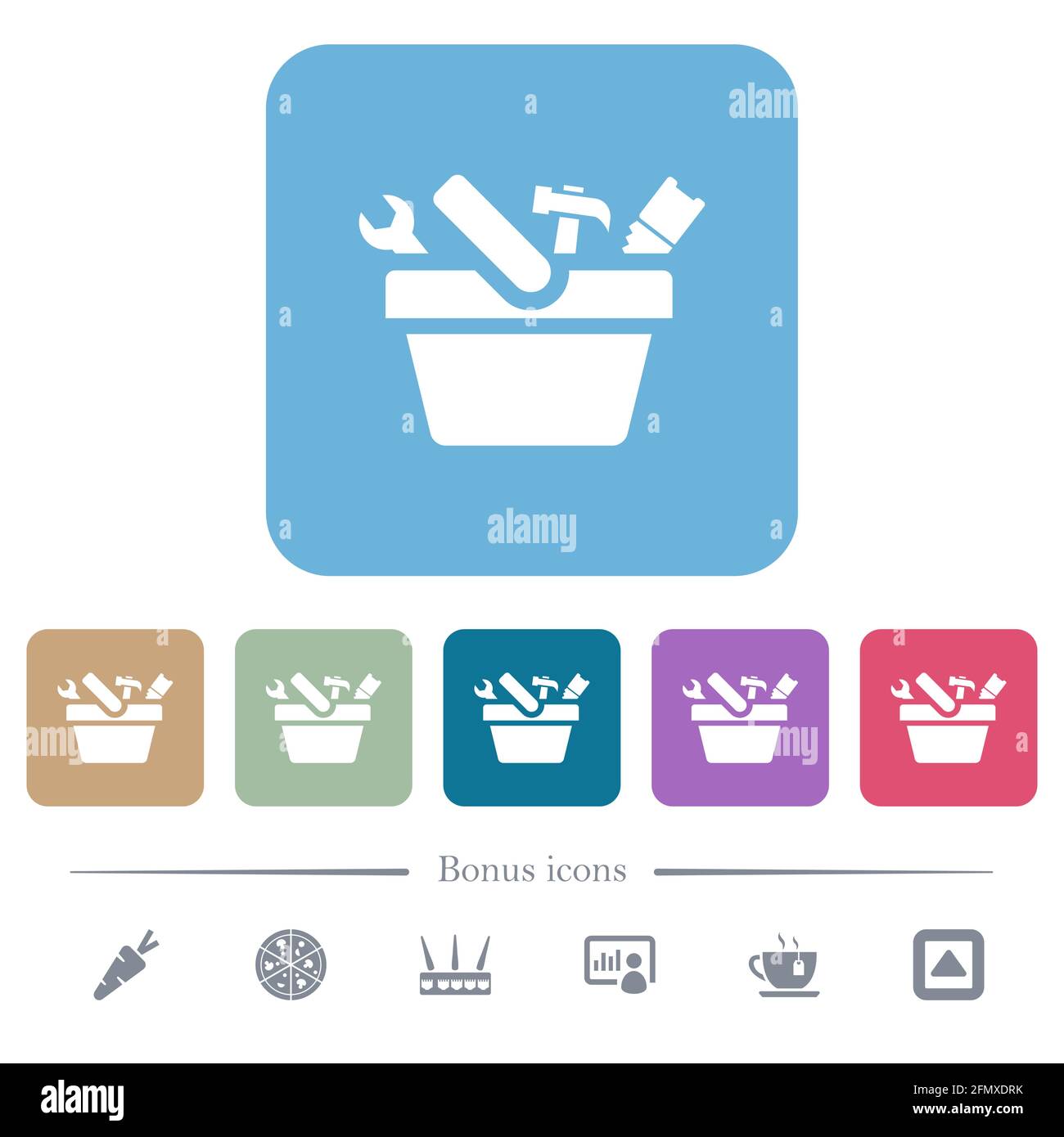 Toolbox white flat icons on color rounded square backgrounds. 6 bonus ...