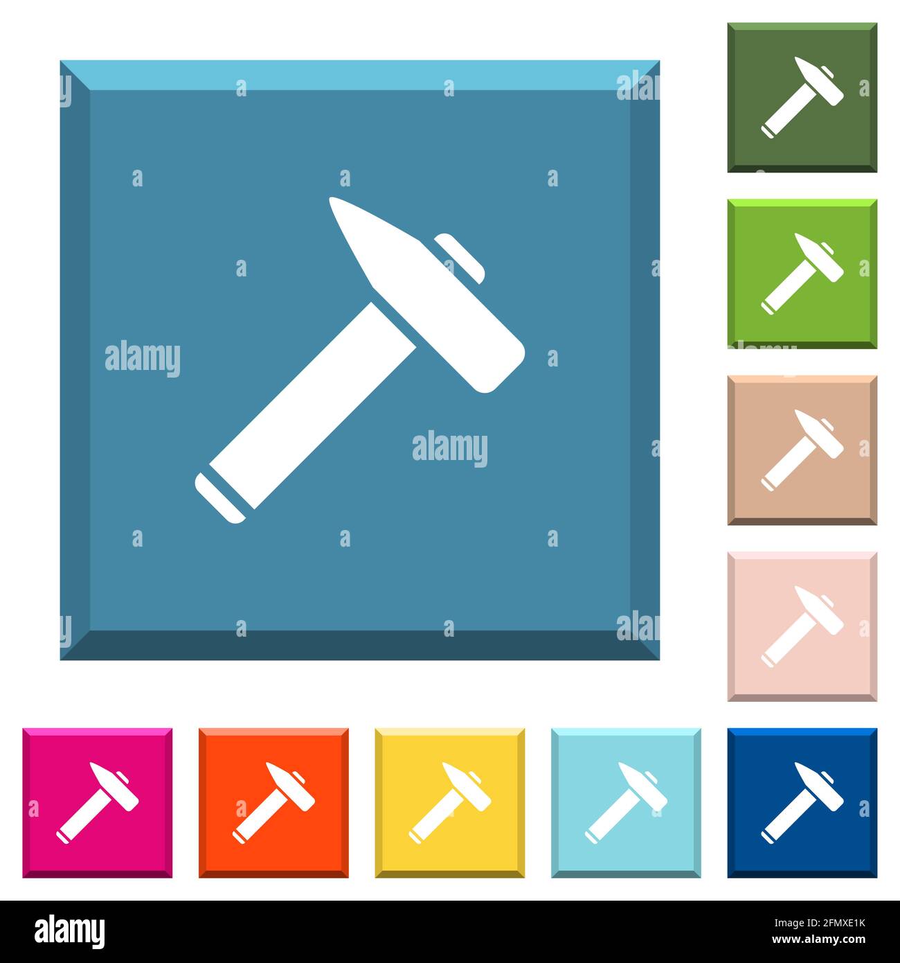 Old hammer white icons on edged square buttons in various trendy colors ...