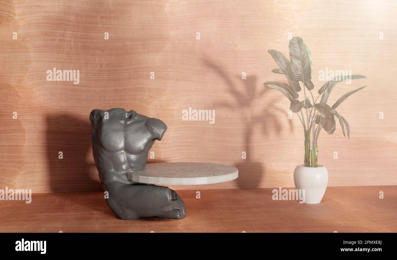 Stone product display podium with shadow nature leaves on brown ...