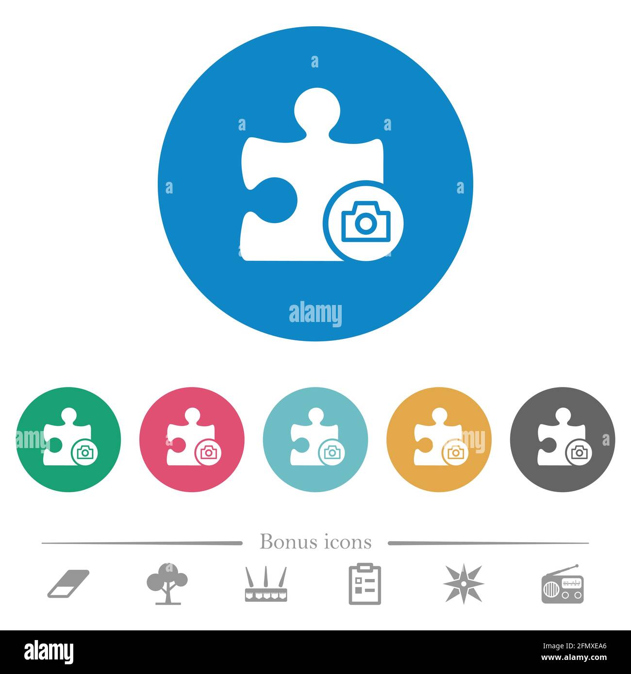 Camera plugin flat white icons on round color backgrounds. 6 bonus ...
