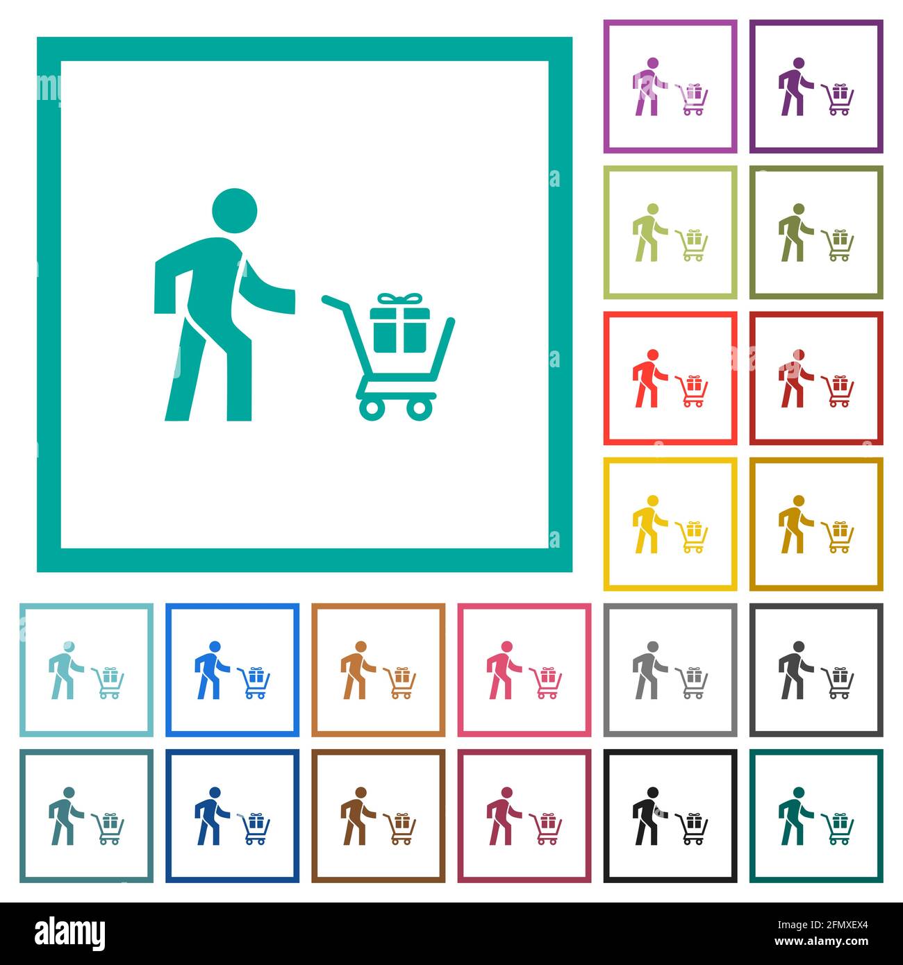 Shopping person with gifts flat color icons with quadrant frames on