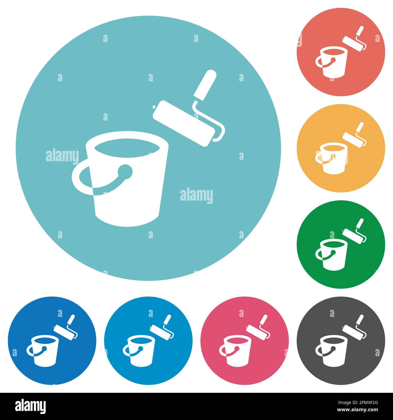 Paint bucket and paint roller flat white icons on round color